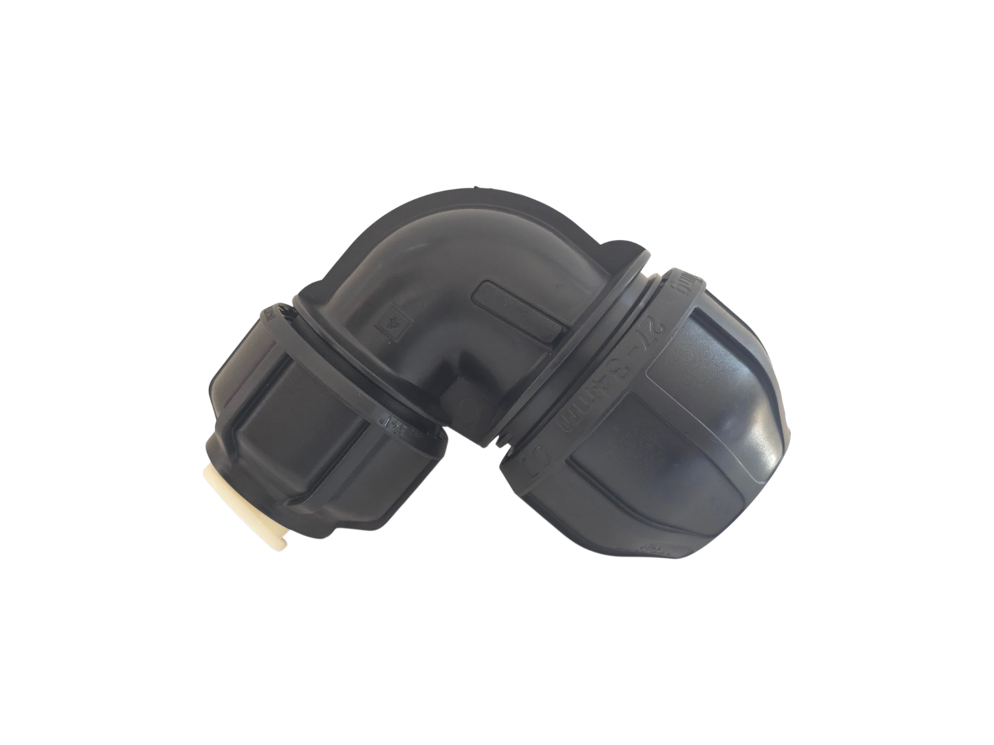 A black plastic 90-degree elbow pipe connector with a beige rubber grommet visible on one end, isolated on a white background.