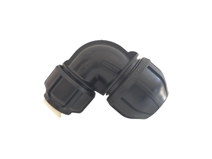 A black plastic 90-degree elbow pipe connector with a beige rubber grommet visible on one end, isolated on a white background.