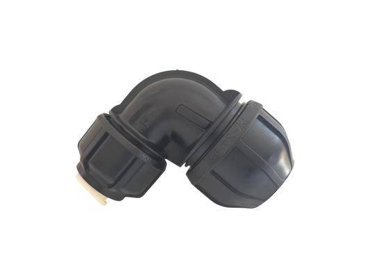 A black plastic 90-degree elbow pipe connector with a beige rubber grommet visible on one end, isolated on a white background.