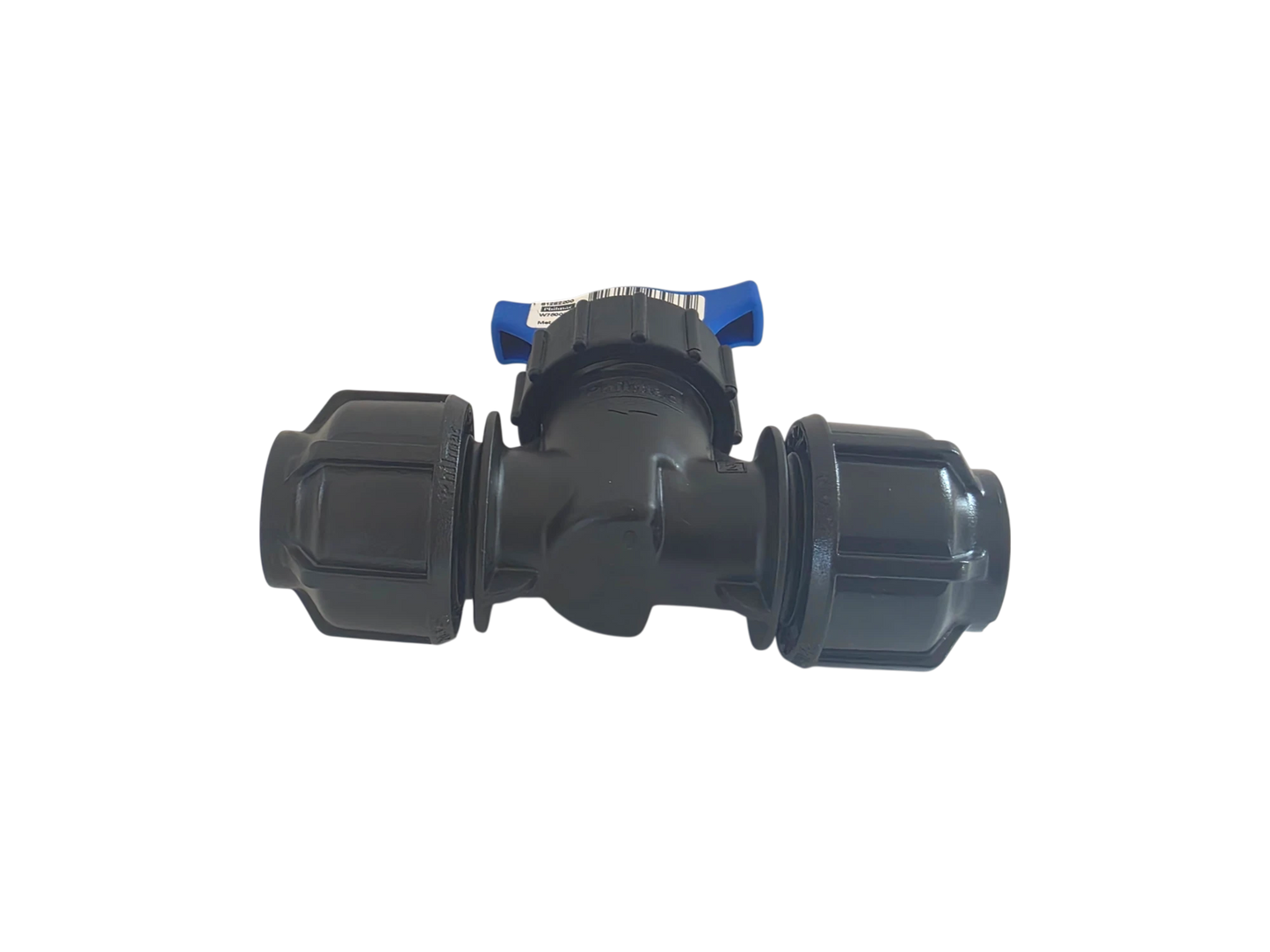 A black plastic inline valve fitting with two threaded connectors on each side and a small blue handle on top, shown on a plain white background.