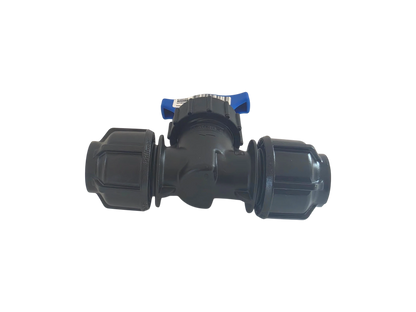 A black plastic inline valve fitting with two threaded connectors on each side and a small blue handle on top, shown on a plain white background.
