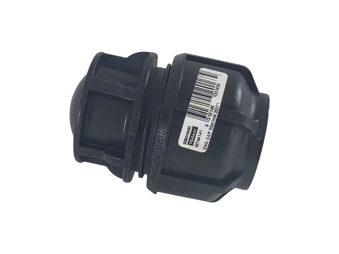 A black plastic plumbing fitting with a white barcode label on the side, photographed on a solid white background.