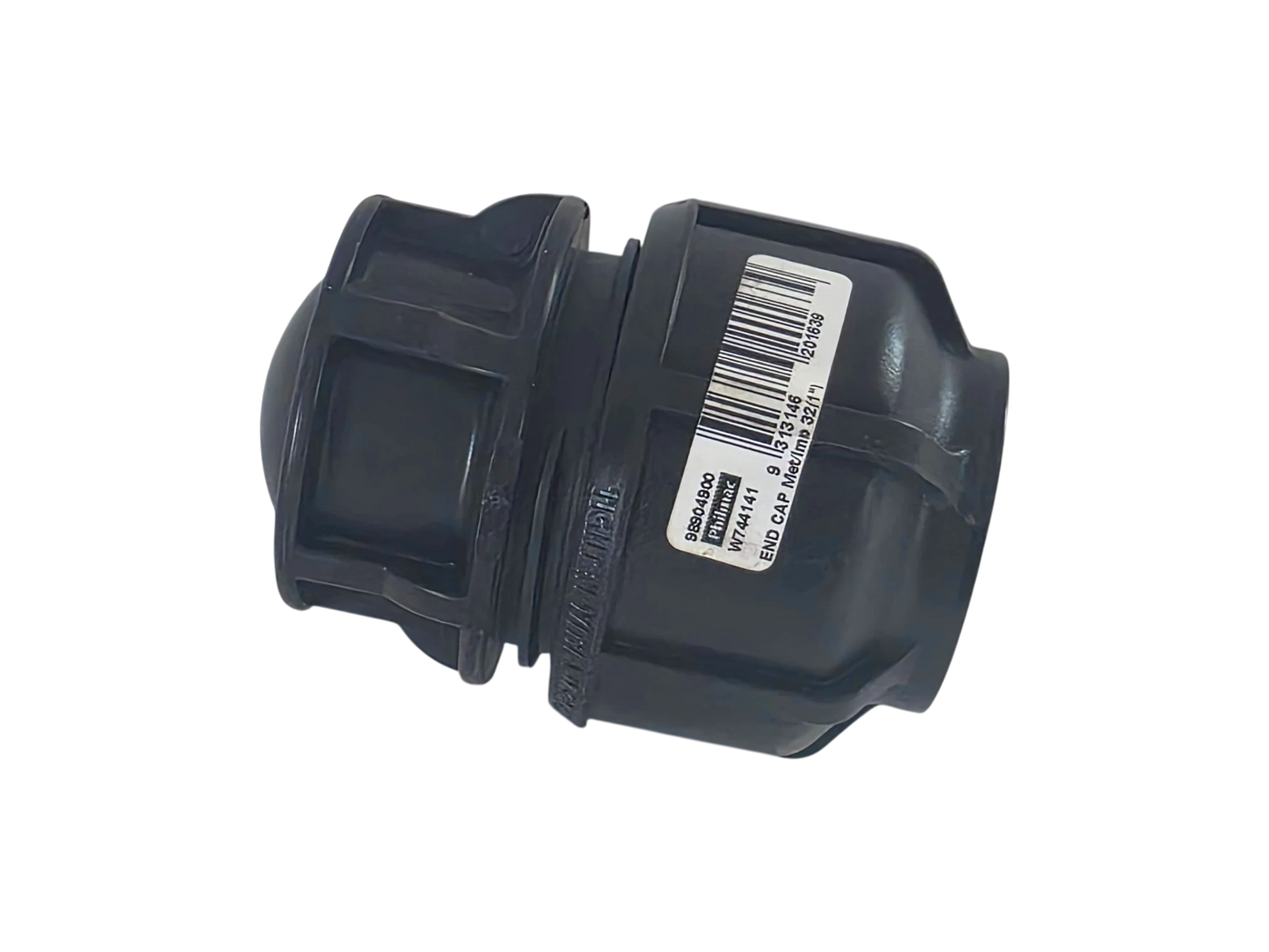 A black plastic plumbing fitting with a white barcode label on the side, photographed on a solid white background.