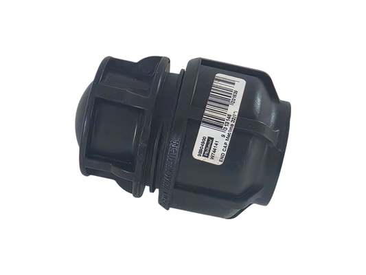 A black plastic plumbing fitting with a white barcode label on the side, photographed on a solid white background.