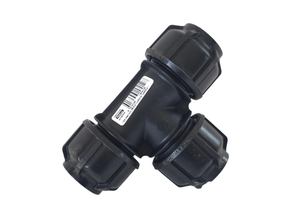 A black plastic T-joint pipe connector with threaded ends and a white barcode label, shown on a plain white background.