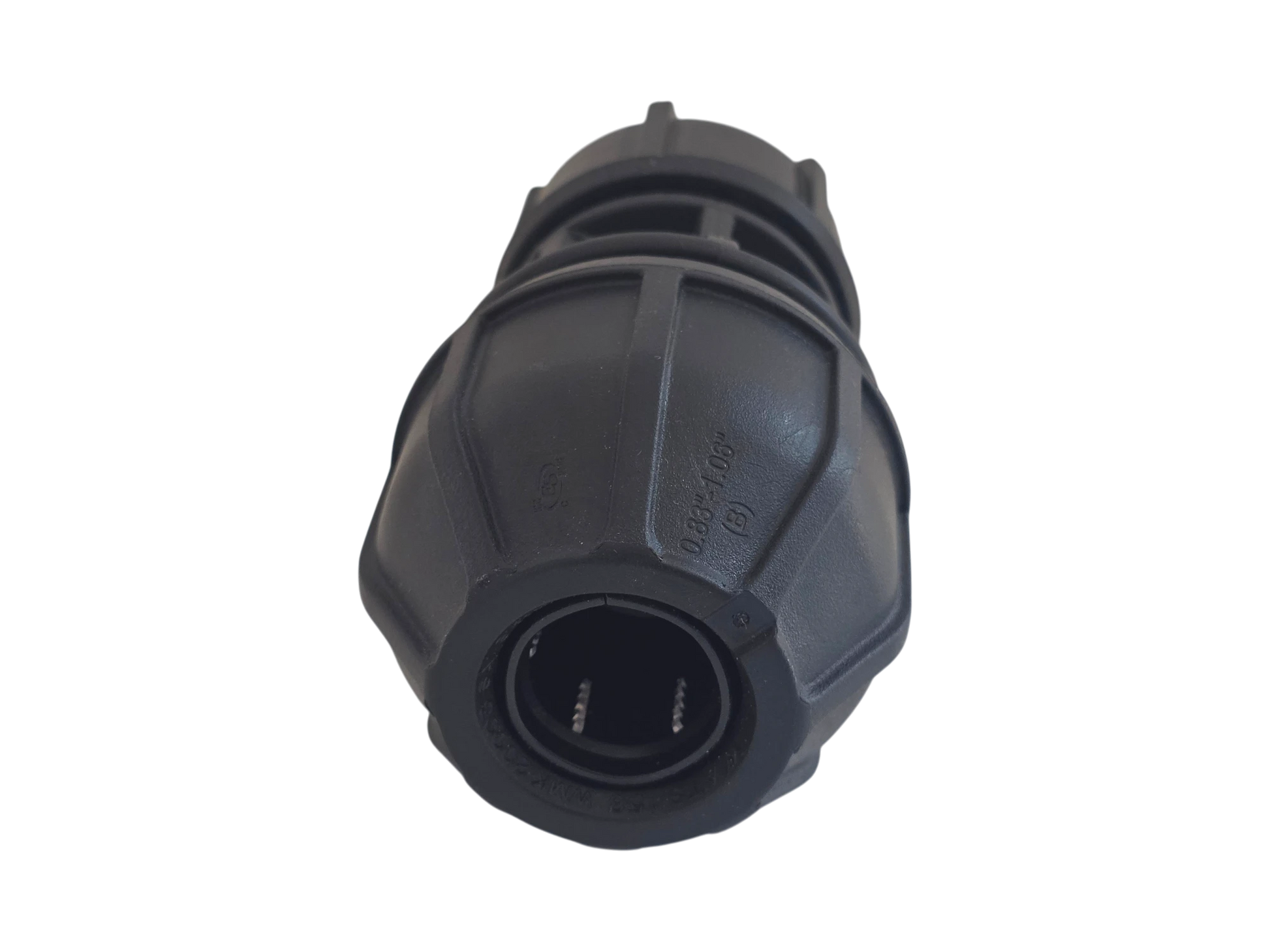 A black plastic outdoor electrical connector with a threaded body and a circular opening at the front, shown on a plain white background.