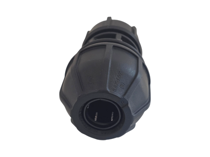 A black plastic outdoor electrical connector with a threaded body and a circular opening at the front, shown on a plain white background.