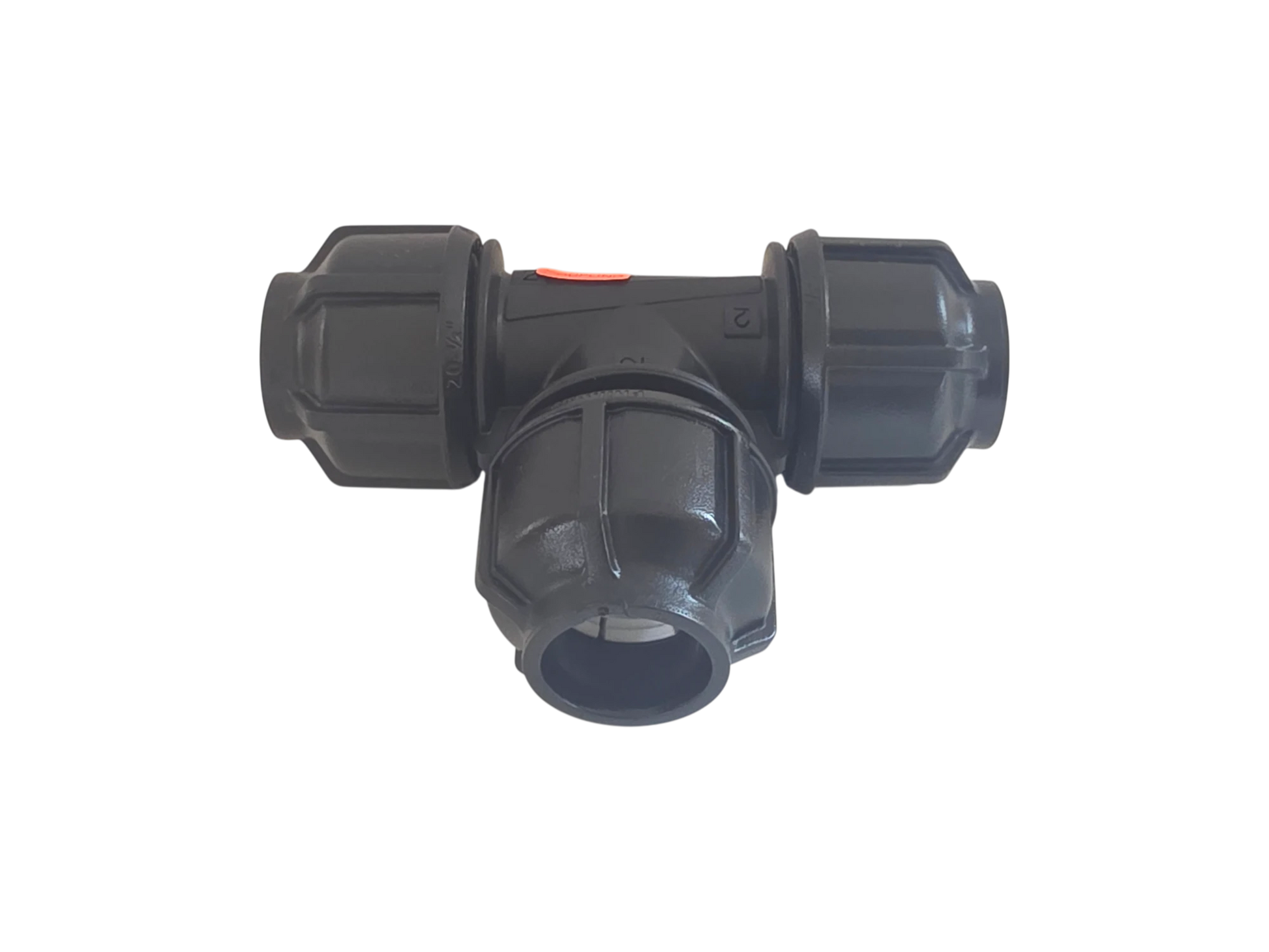 A black plastic T-shaped pipe fitting with a small orange safety switch on top, isolated on a white background.