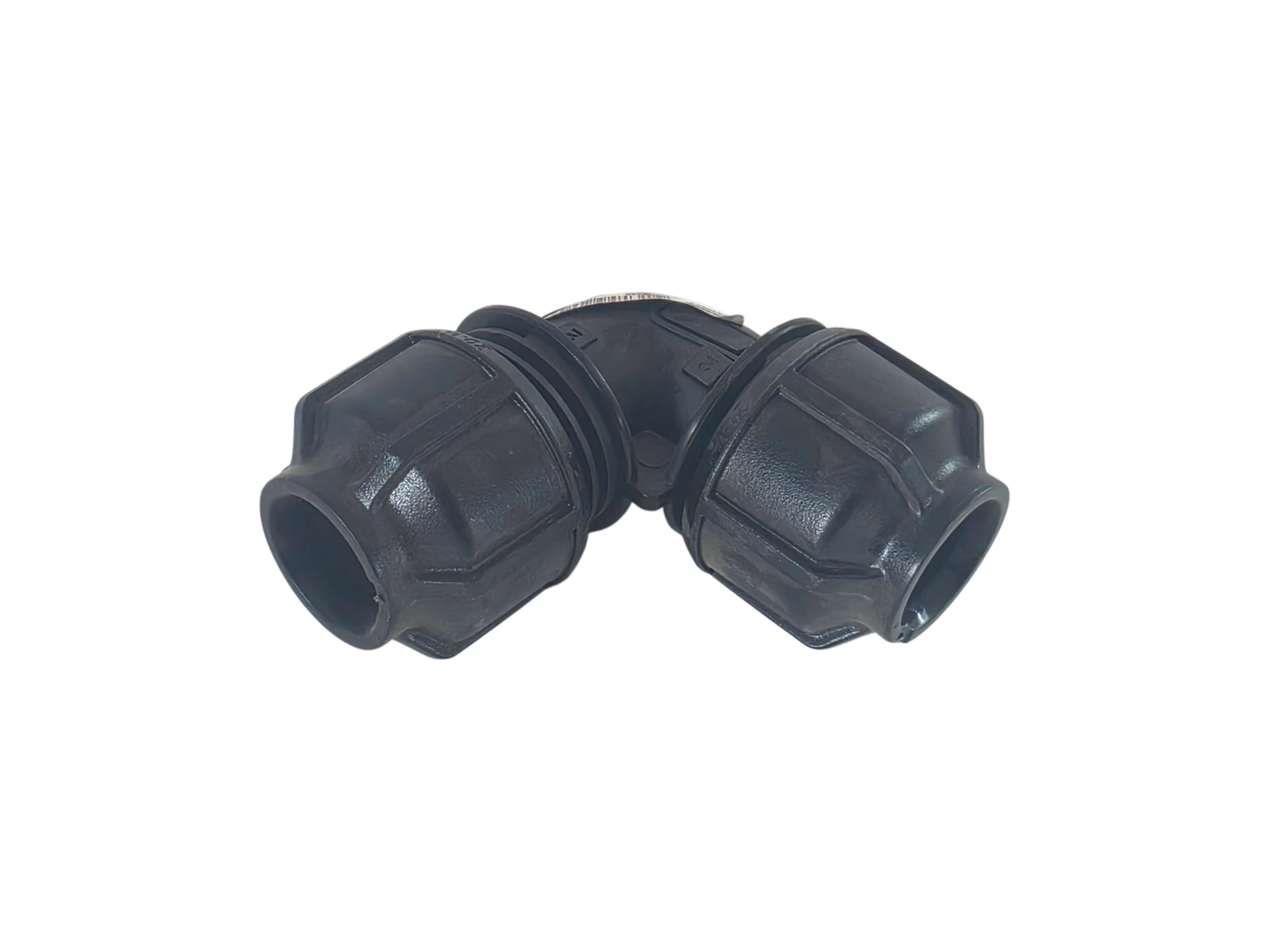 A black plastic 90-degree elbow pipe connector with a ribbed, knurled texture on the outer surface, isolated on a white background.