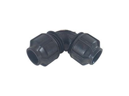 A black plastic 90-degree elbow pipe connector with a ribbed, knurled texture on the outer surface, isolated on a white background.