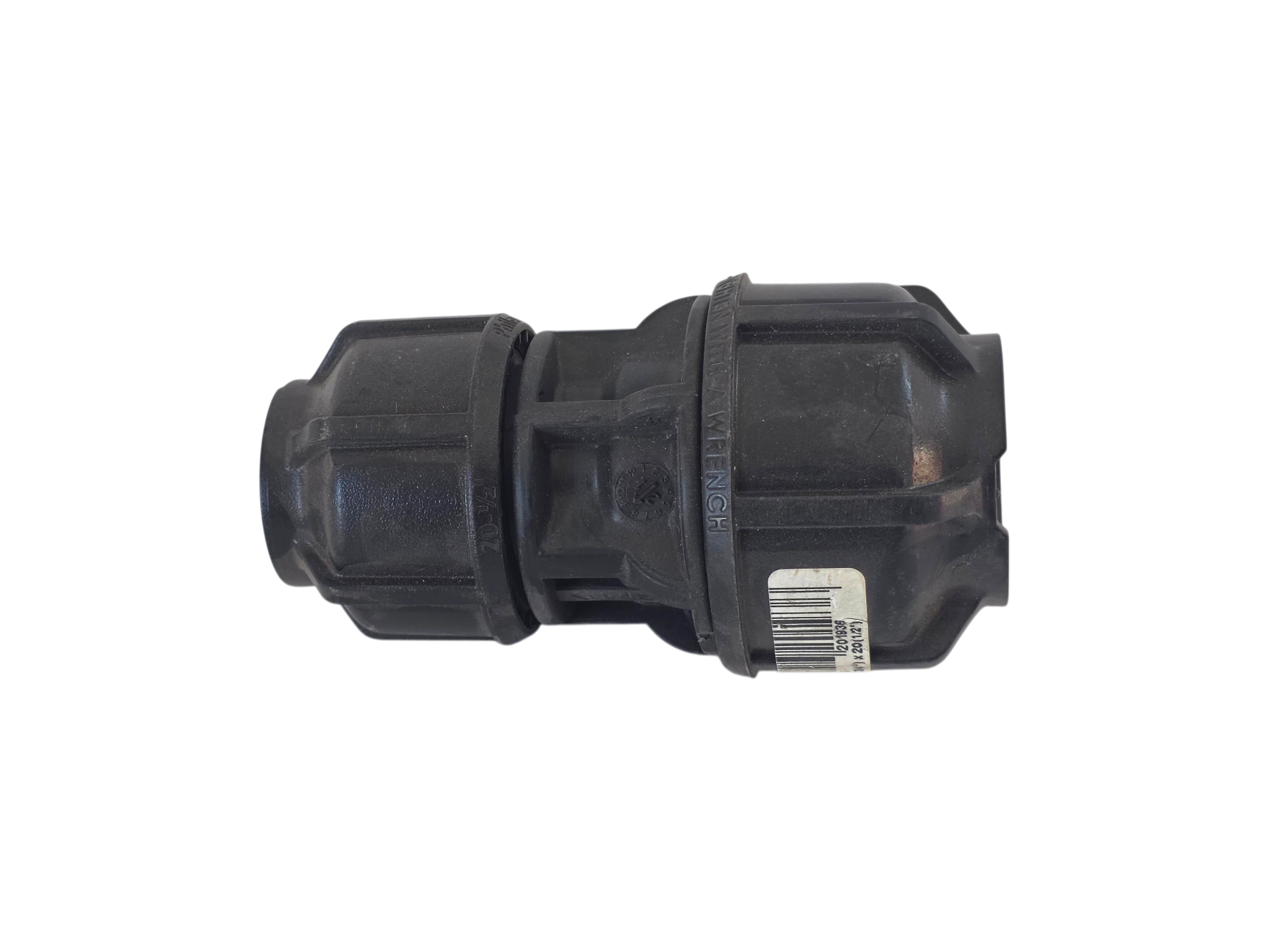 A black plastic plumbing fitting or connector with a barcode label, shown against a plain white background.