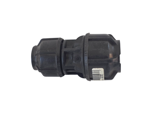 A black plastic plumbing fitting or connector with a barcode label, shown against a plain white background.