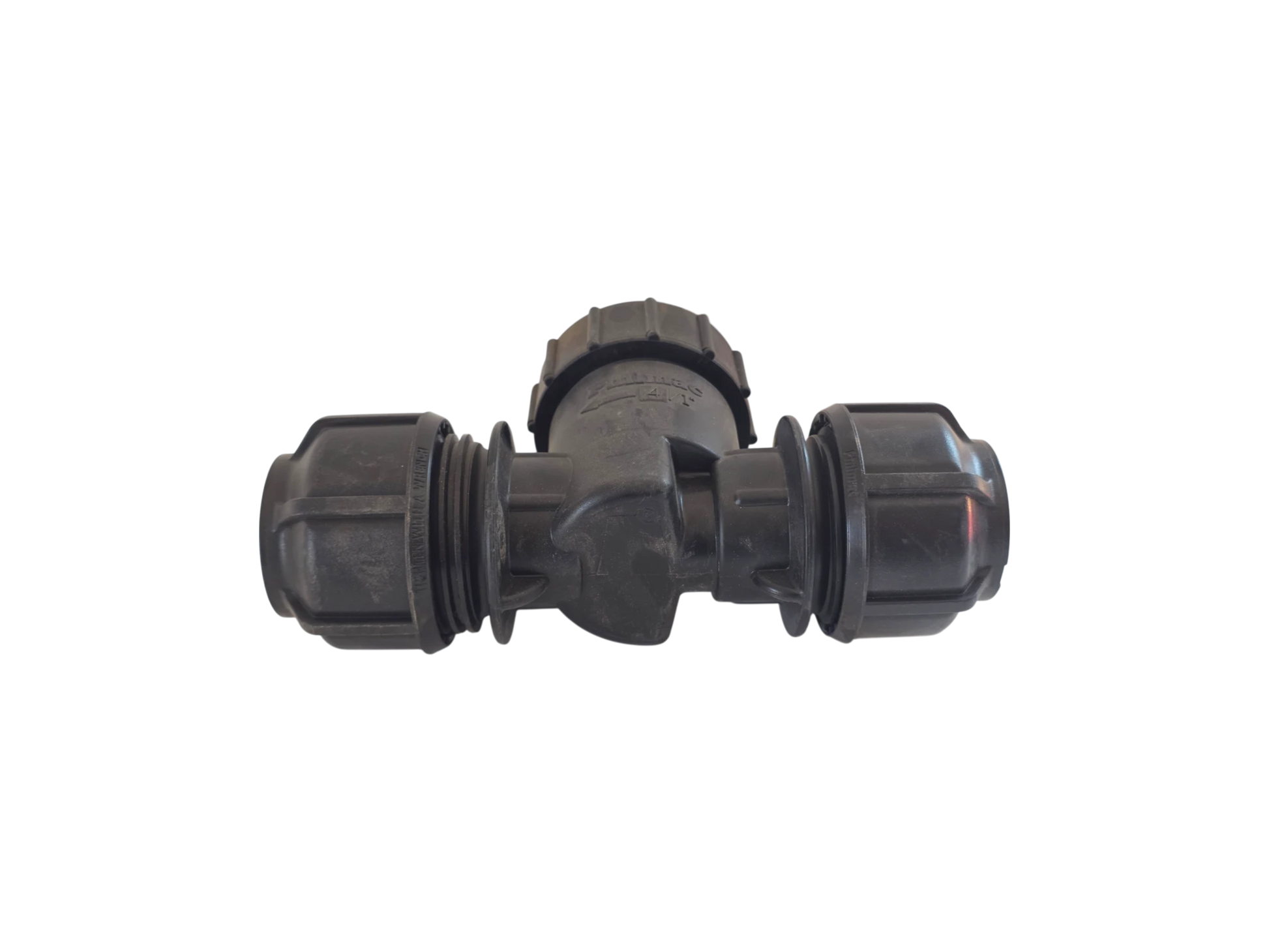 A black plastic T-shaped connector fitting with threaded ends, isolated on a white background.