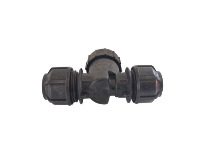 A black plastic T-shaped connector fitting with threaded ends, isolated on a white background.