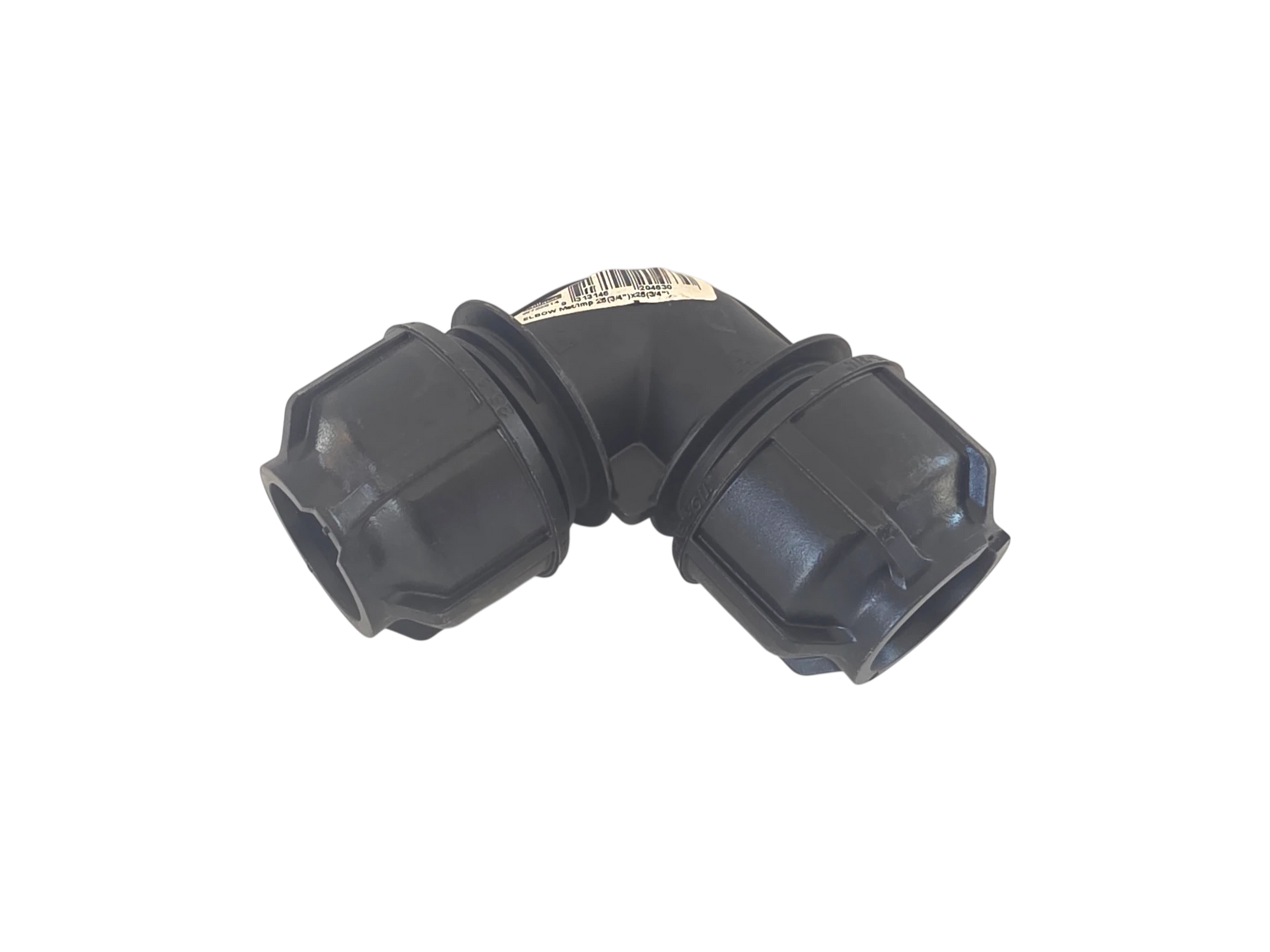 A black plastic 90-degree elbow pipe connector with threaded ends, shown on a plain white background.