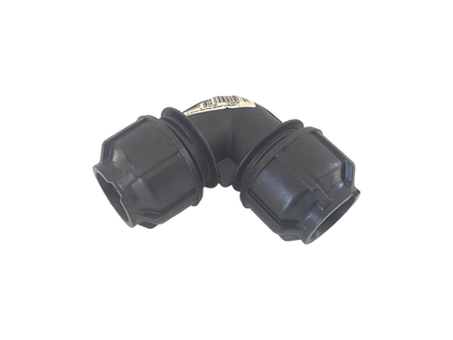 A black plastic 90-degree elbow pipe connector with threaded ends, shown on a plain white background.