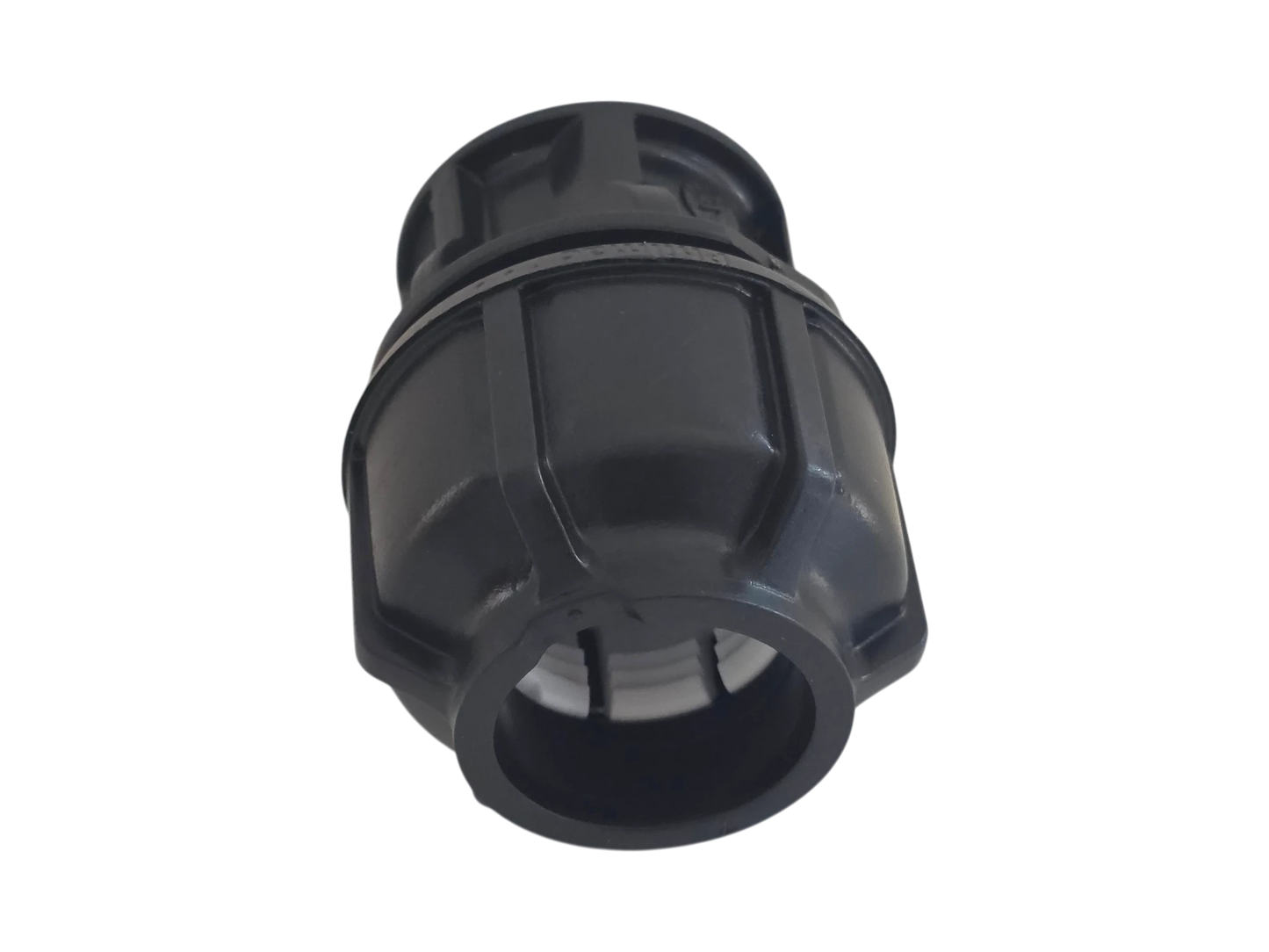 A black plastic pipe connector fitting with a ribbed outer body and threaded interior, shown on a plain white background.