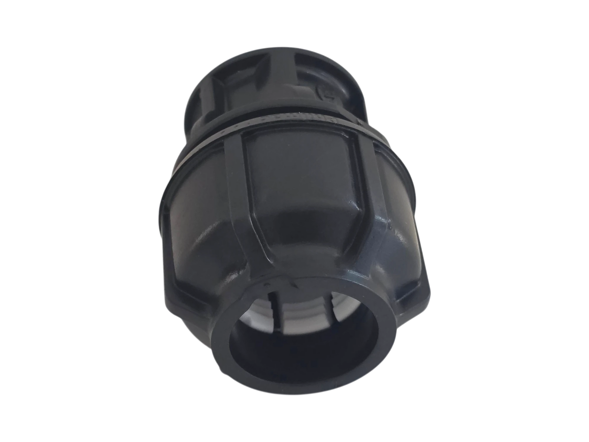 A black plastic pipe connector fitting with a ribbed outer body and threaded interior, shown on a plain white background.