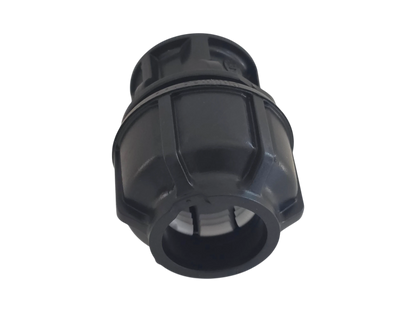 A black plastic pipe connector fitting with a ribbed outer body and threaded interior, shown on a plain white background.