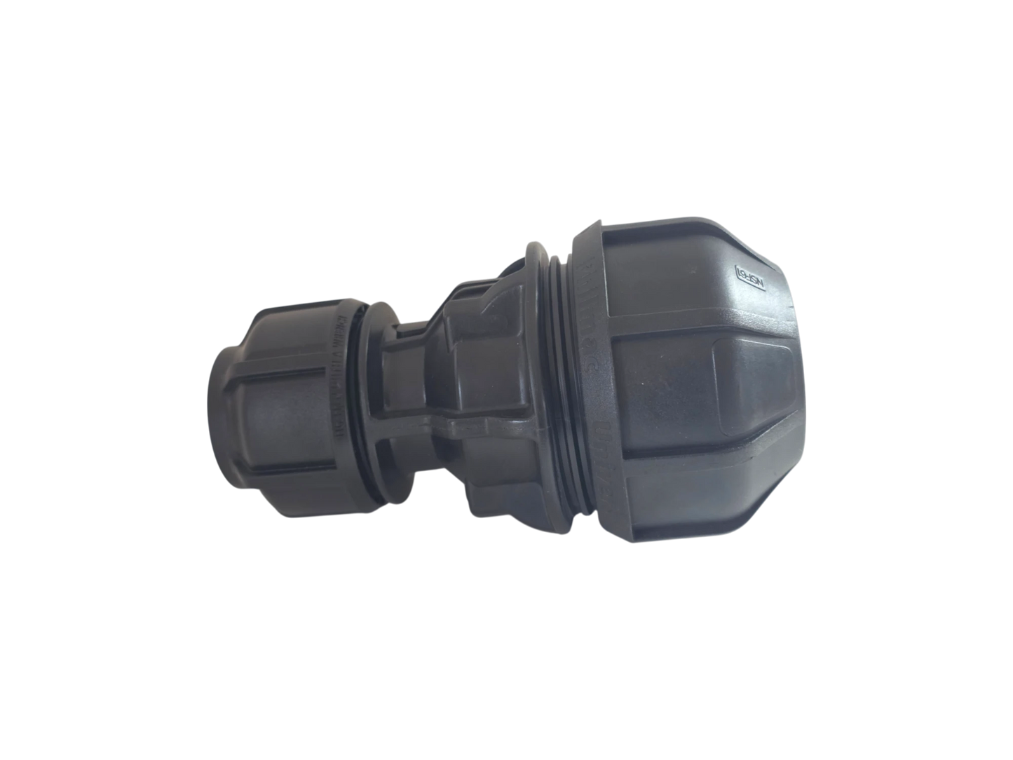 A black plastic plumbing fitting or connector shown against a plain white background.