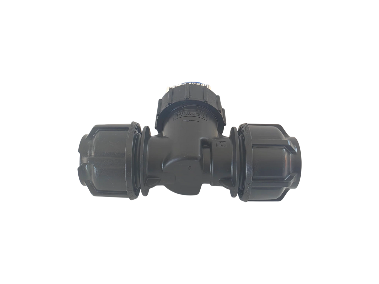 A black plastic T-shaped pipe fitting with two threaded connector ends and a central adjustment cap, isolated on a white background.
