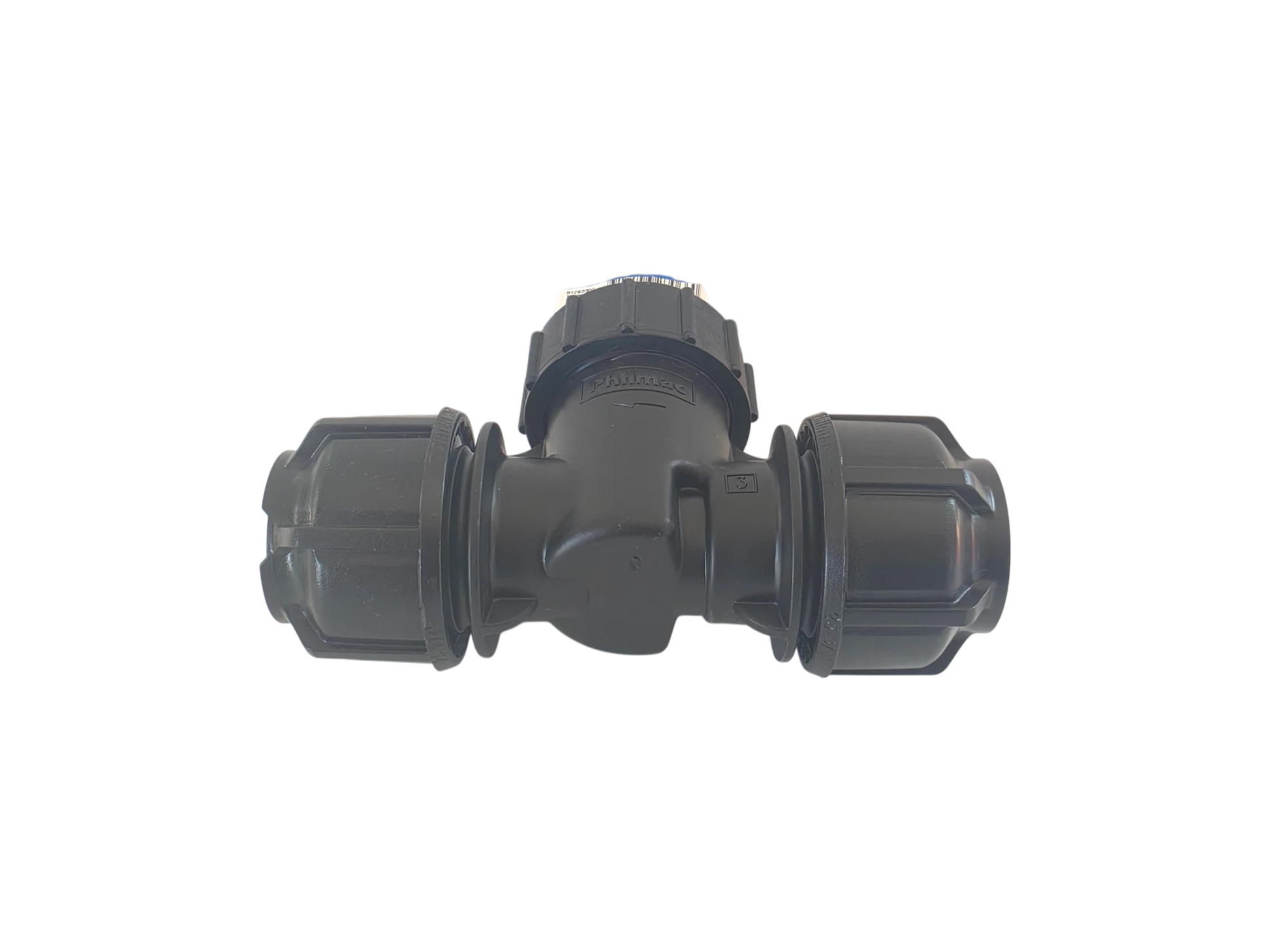 A black plastic T-shaped pipe fitting with two threaded connector ends and a central adjustment cap, isolated on a white background.