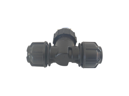A black plastic T-shaped pipe fitting with two threaded connector ends and a central adjustment cap, isolated on a white background.