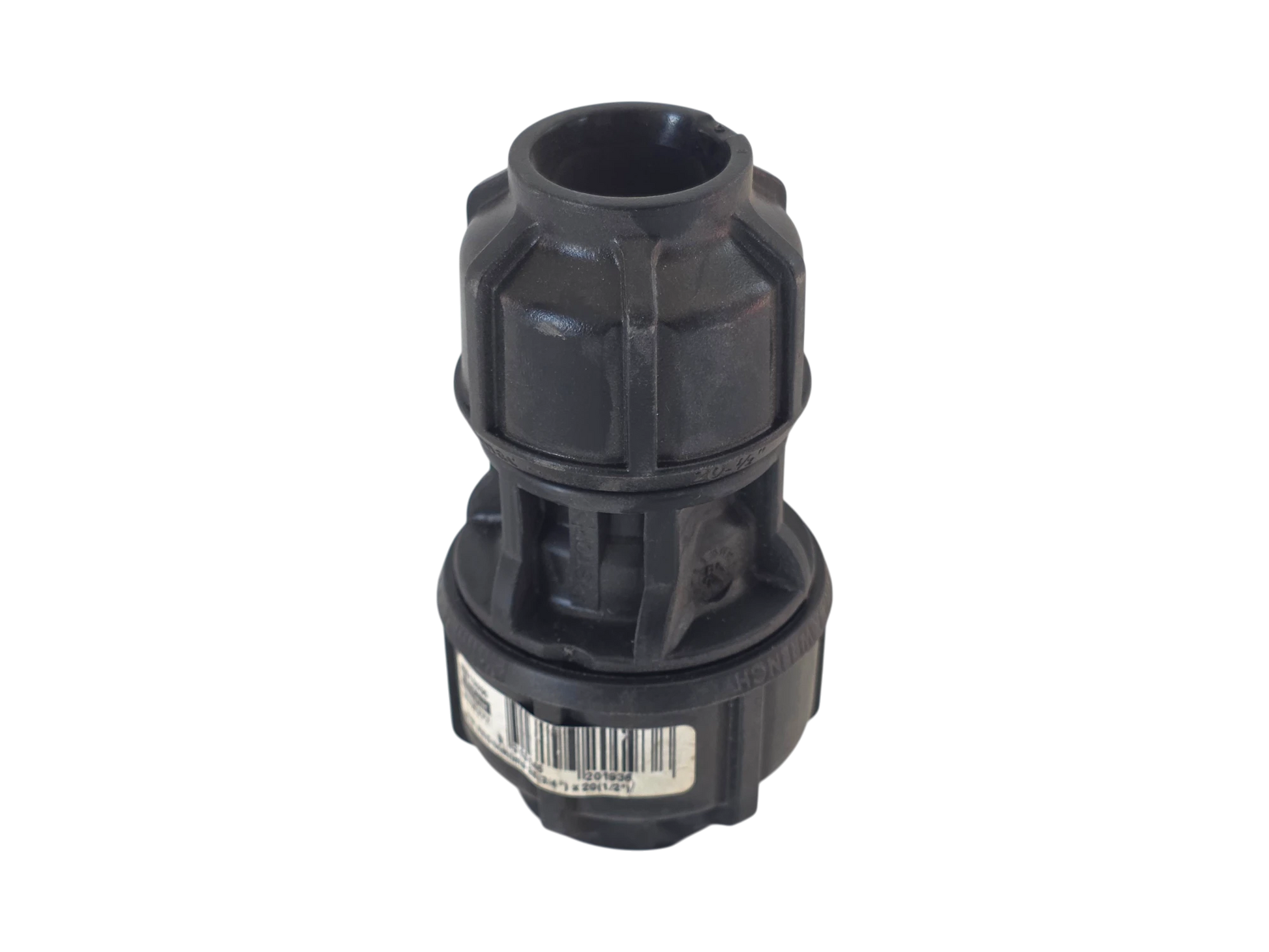 A black plastic outdoor hose connector fitting with a barcode label on the lower section, isolated on a white background.