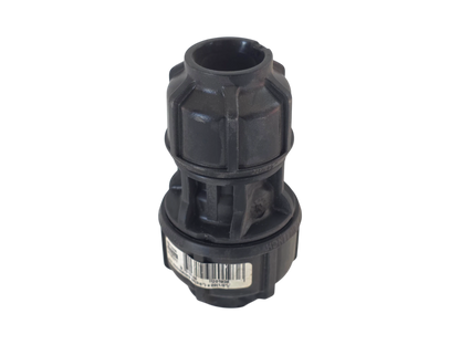 A black plastic outdoor hose connector fitting with a barcode label on the lower section, isolated on a white background.