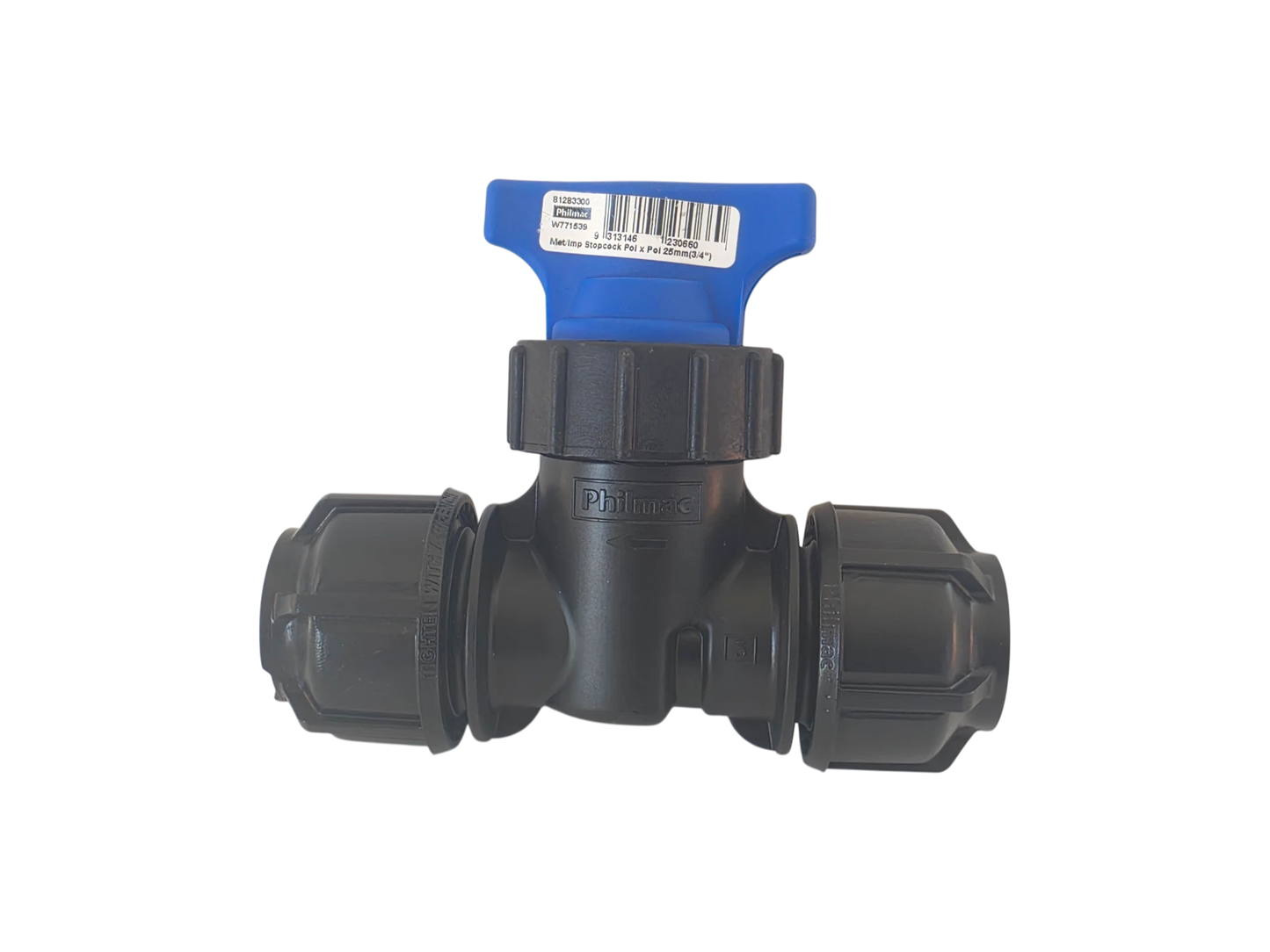 A black plastic T-shaped pipe fitting with a blue T-handle valve, shown on a solid white background. The brand name 'PlumbK' is embossed on the center of the fitting.