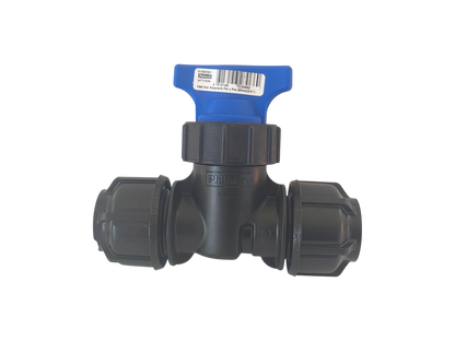 A black plastic T-shaped pipe fitting with a blue T-handle valve, shown on a solid white background. The brand name 'PlumbK' is embossed on the center of the fitting.
