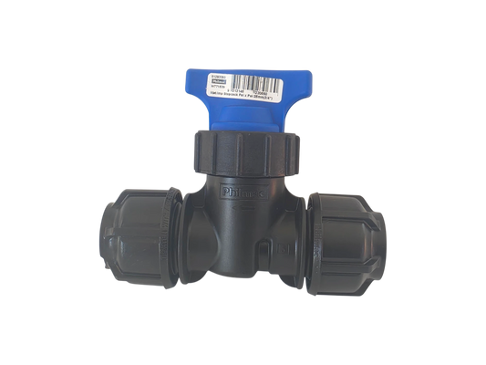 A black plastic T-shaped pipe fitting with a blue T-handle valve, shown on a solid white background. The brand name 'PlumbK' is embossed on the center of the fitting.