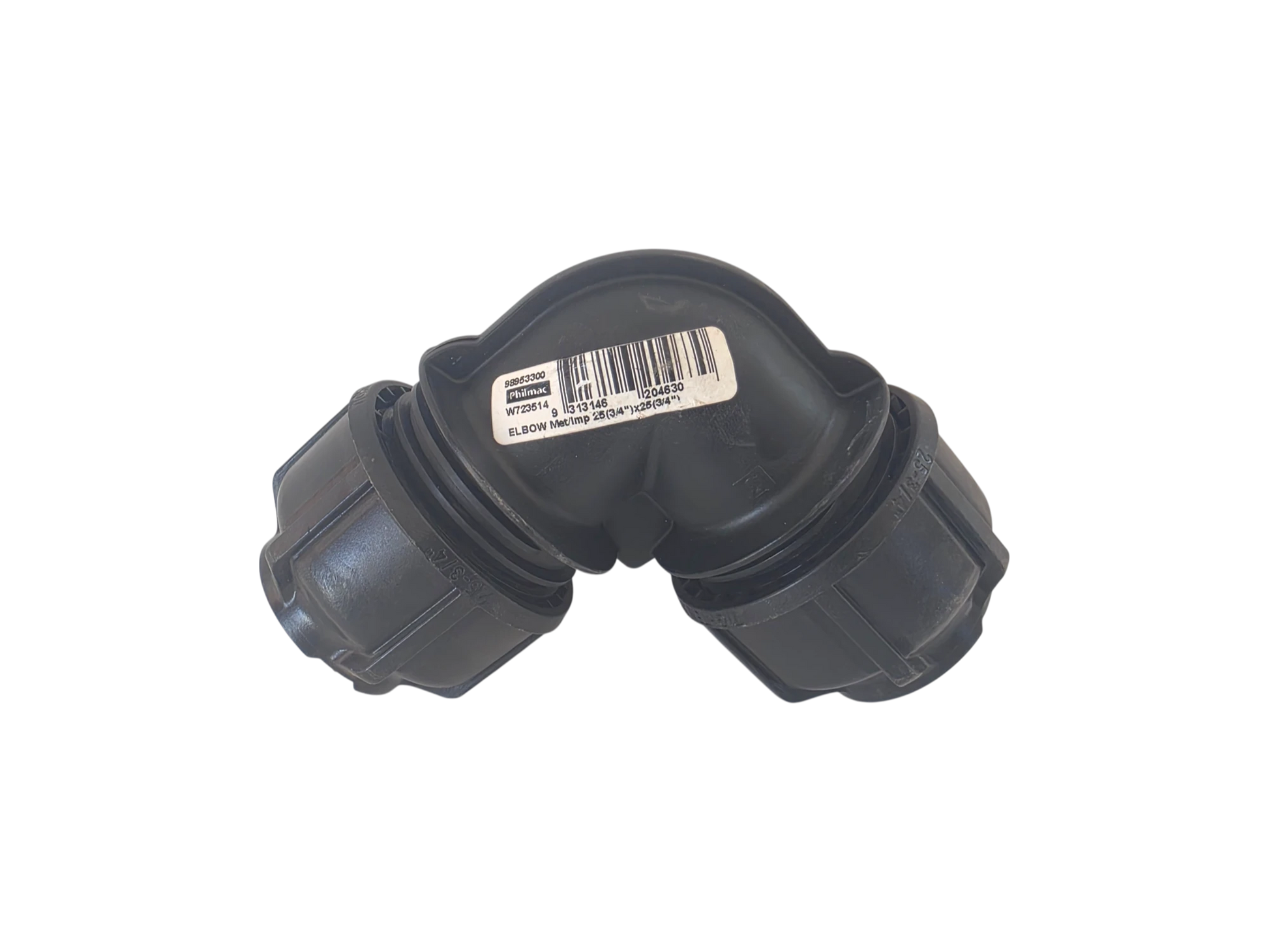 A black plastic 90-degree elbow pipe connector with threaded couplings on both ends and a white barcode label on top, shown against a plain white background.