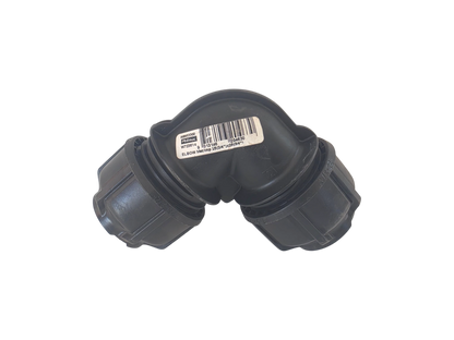A black plastic 90-degree elbow pipe connector with threaded couplings on both ends and a white barcode label on top, shown against a plain white background.