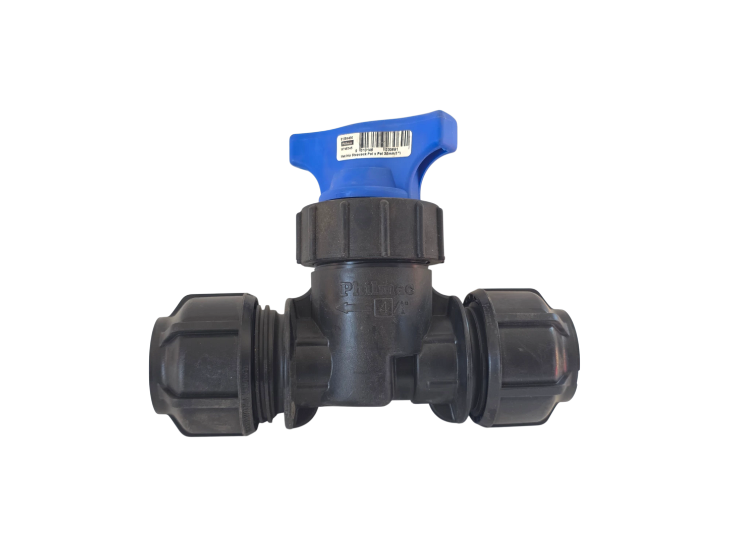 A black plastic ball valve with a blue handle, featuring threaded connectors on both sides, shown against a plain white background.