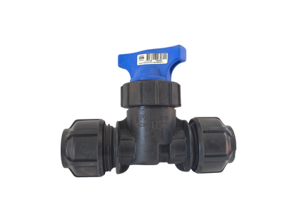 A black plastic ball valve with a blue handle, featuring threaded connectors on both sides, shown against a plain white background.