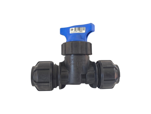 A black plastic ball valve with a blue handle, featuring threaded connectors on both sides, shown against a plain white background.