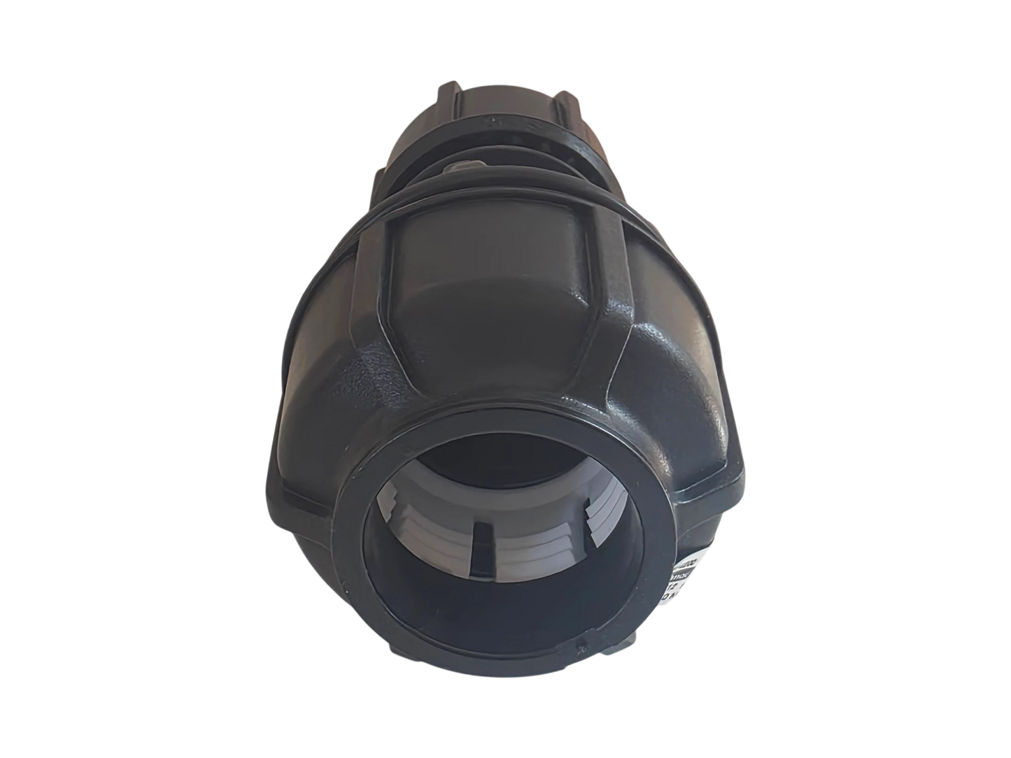 A black plastic industrial connector fitting with a threaded interior, shown against a plain white background.