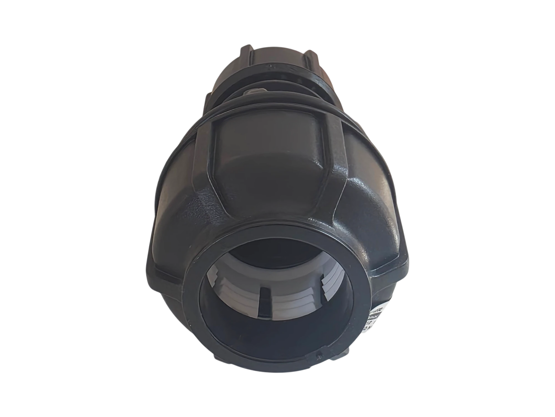 A black plastic industrial connector fitting with a threaded interior, shown against a plain white background.