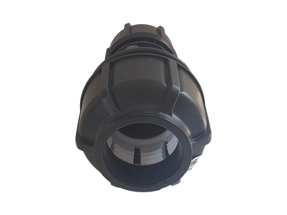 A black plastic industrial connector fitting with a threaded interior, shown against a plain white background.