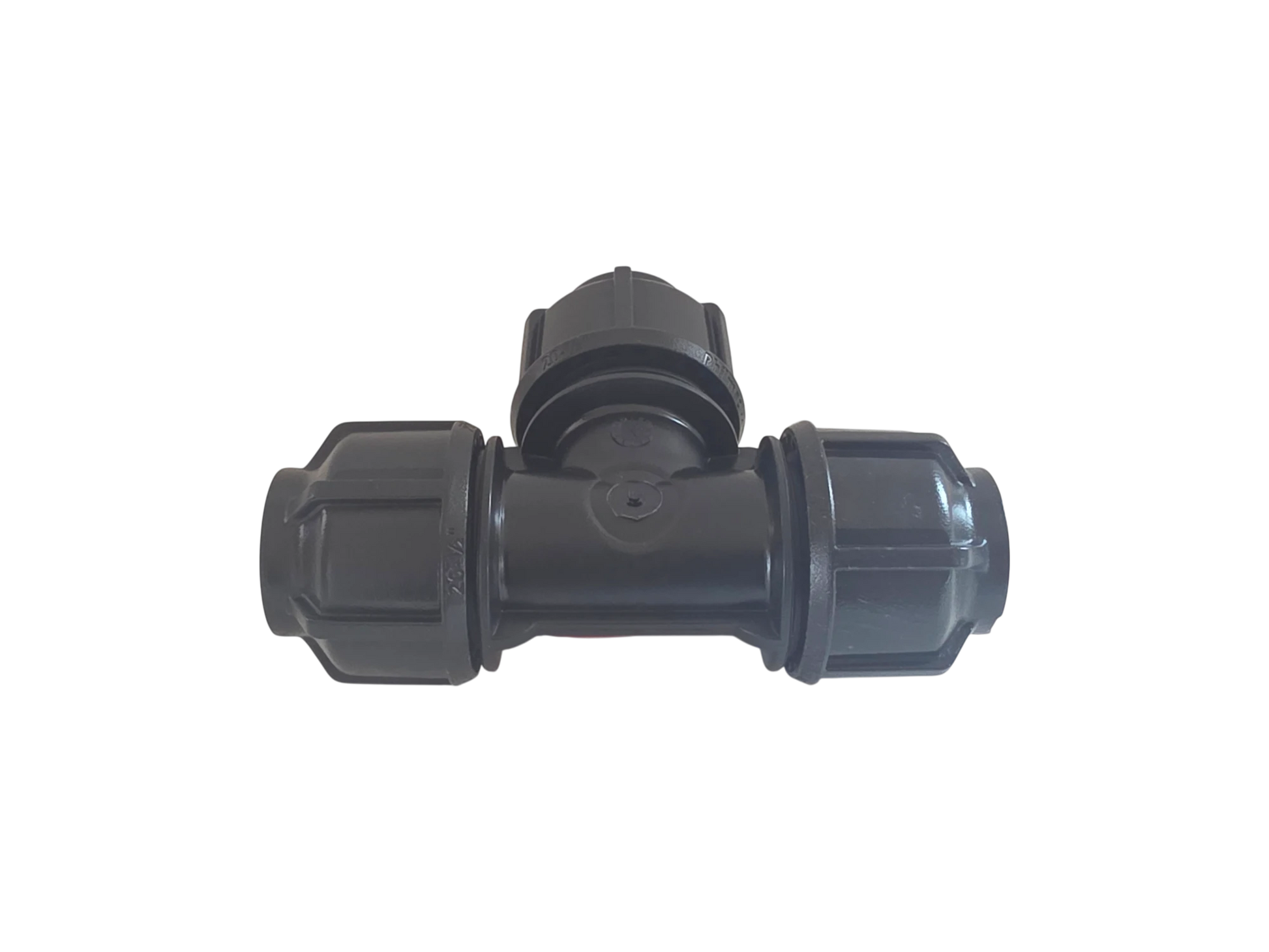 A black plastic T-shaped pipe fitting with threaded connectors on each arm and a central cap, isolated on a white background.