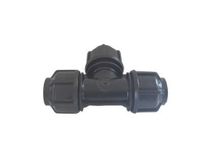 A black plastic T-shaped pipe fitting with threaded connectors on each arm and a central cap, isolated on a white background.