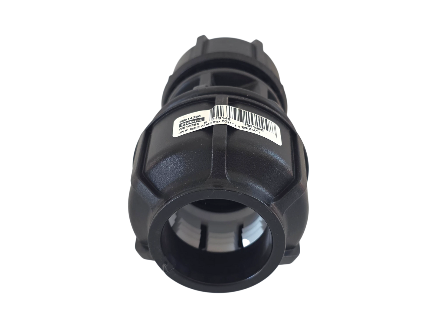 A black plastic outdoor hose reel or spool with a barcode label on the side, shown against a plain white background.