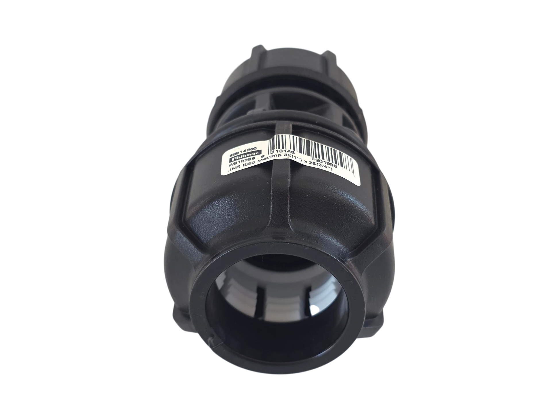 A black plastic outdoor hose reel or spool with a barcode label on the side, shown against a plain white background.