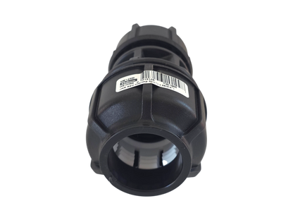 A black plastic outdoor hose reel or spool with a barcode label on the side, shown against a plain white background.