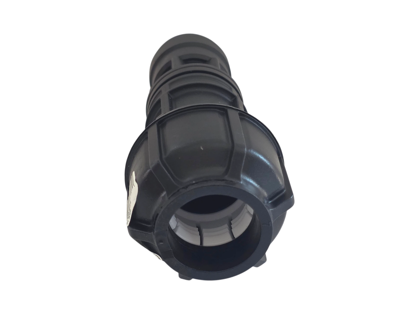 A black plastic hose connector fitting with a threaded body and a flanged end, shown on a plain white background.