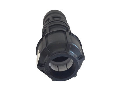 A black plastic hose connector fitting with a threaded body and a flanged end, shown on a plain white background.