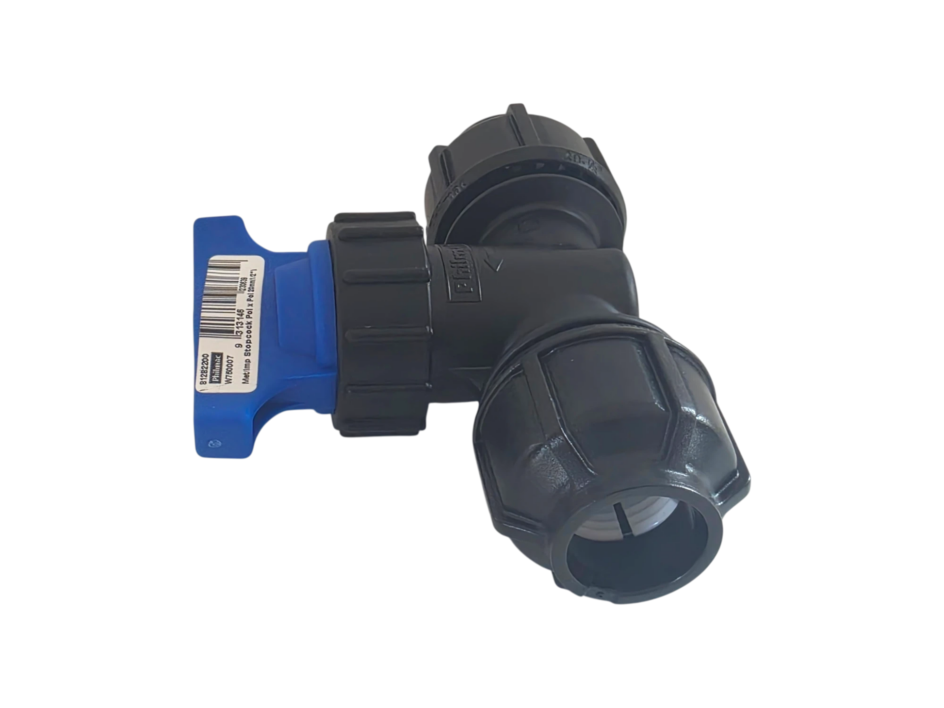 A black plastic T-shaped pipe fitting with a blue plastic valve handle and a white product label, shown on a plain white background.