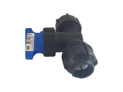 A black plastic T-shaped pipe fitting with a blue plastic valve handle and a white product label, shown on a plain white background.