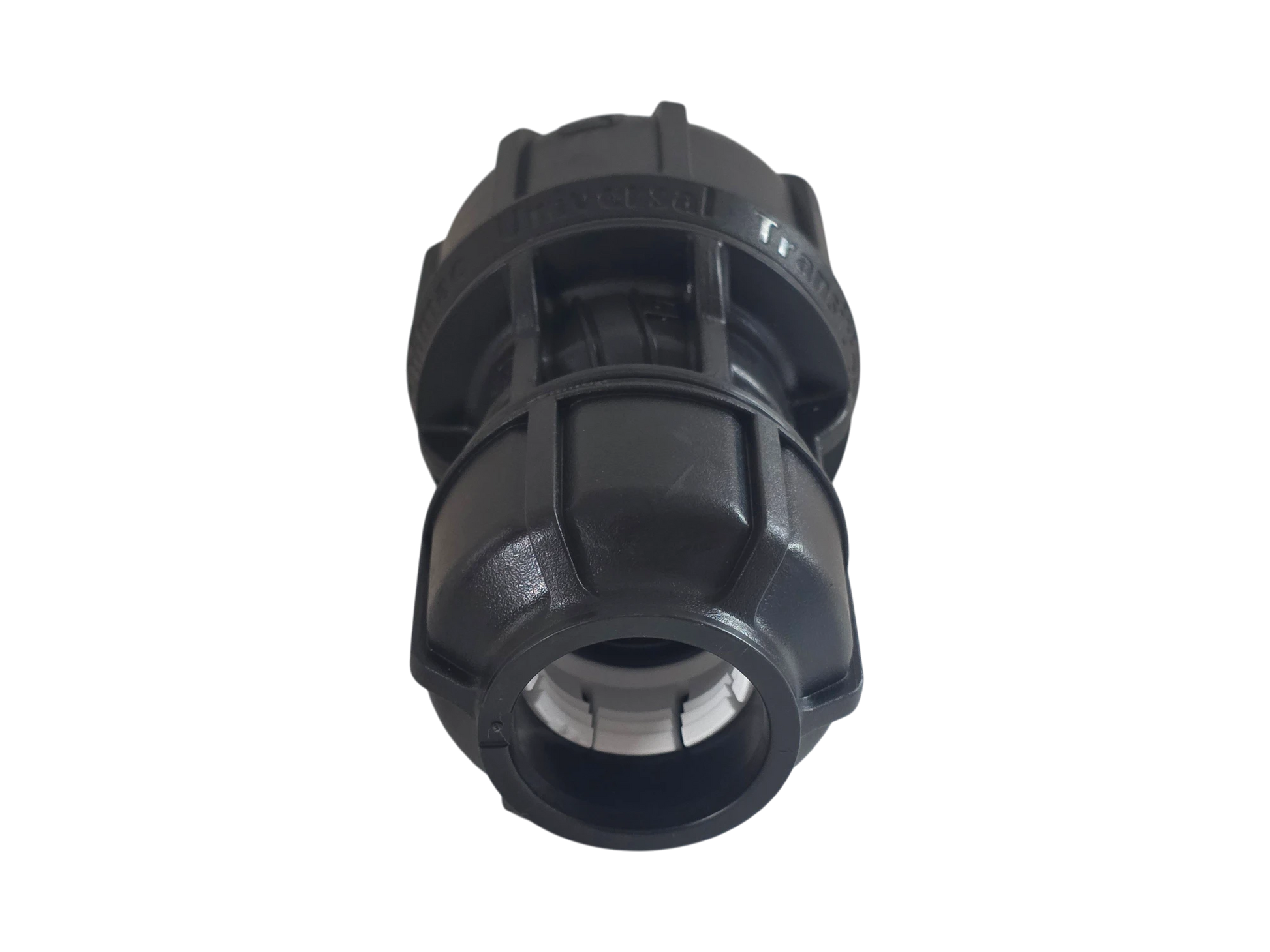 A black plastic threaded connector fitting, likely a hose or pipe coupler, shown from a front-facing perspective on a solid white background.